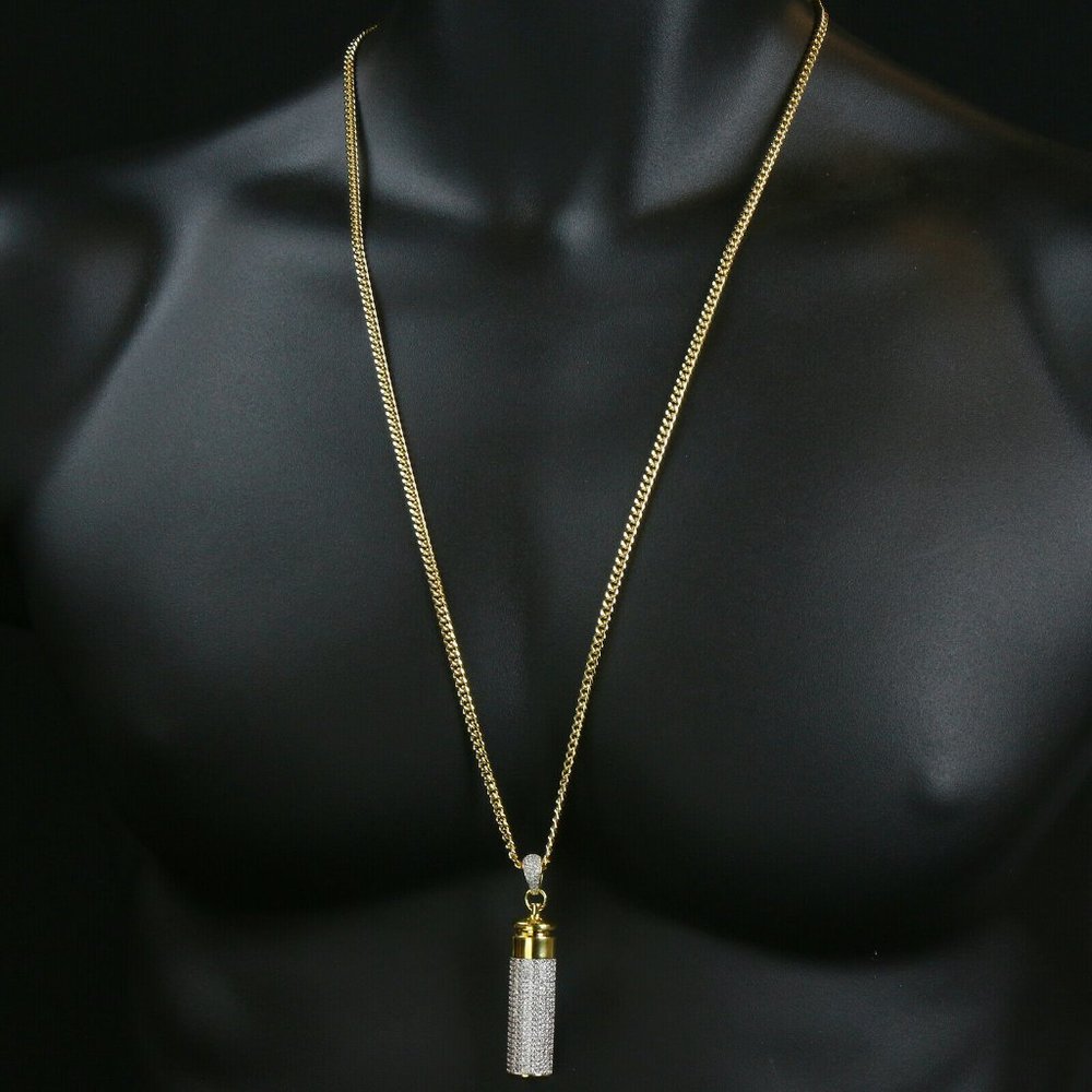 14k Gold Cylinder 30" Cuban Chain + Pendant - Picture 3 of 6